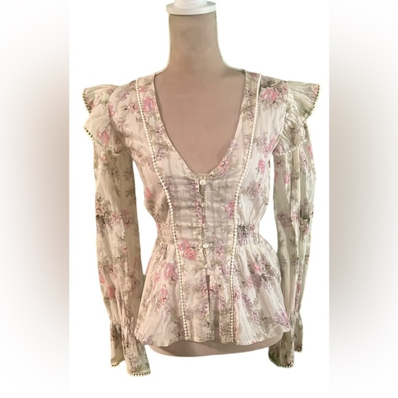 ASOS Tops - ASOS Pink and Cream Peplum Blouse with Bishop Sleeves​